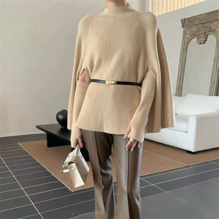 High-Neck Ribbed Knit Sweater with Cape-Style Sleeves