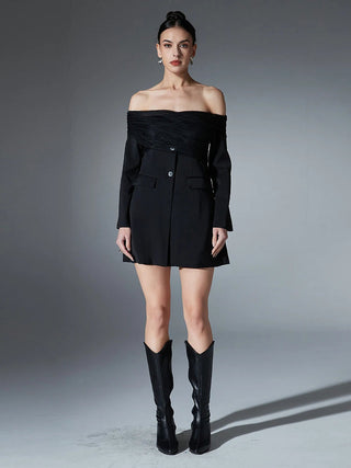 Off-Shoulder Tulle Draped Blazer Dress