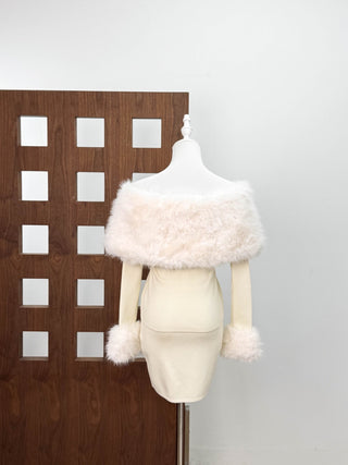 Faux Fur Off-Shoulder Top & Mini Skirt Two-Piece Set