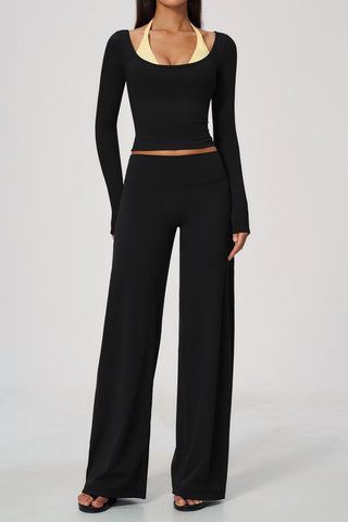 Scoop Neck Long Sleeve Top & Wide-Leg Pants Set