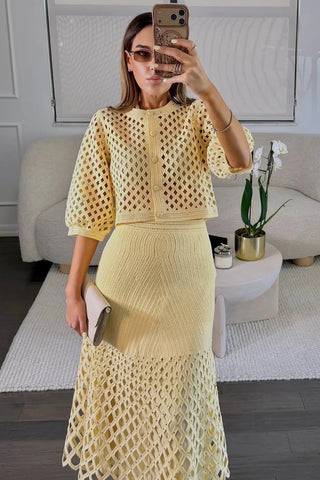 Crystal Embellished Openwork Crochet Long Skirt