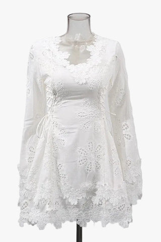 Lace Long Sleeve Mini Dress – V-Neck with Floral Detail & Adjustable Side Fit