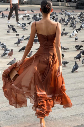 Spaghetti Strap Corset Organza Asymmetric Long Dress with Embroidered Collar Detail