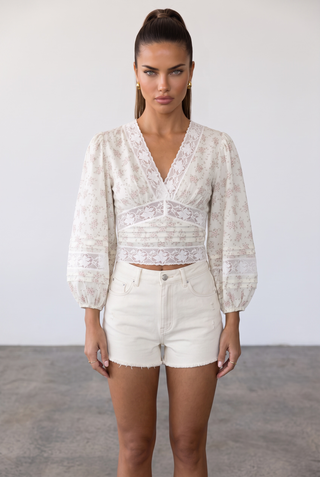 Floral Lace Trim Balloon Sleeve Blouse