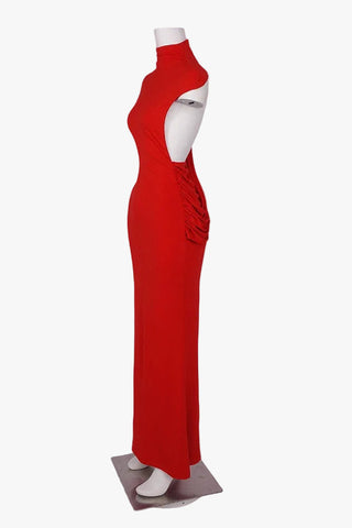 Open Back High Neck Long Evening Dress with Draped Detail