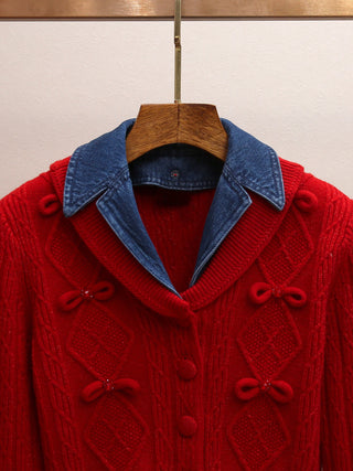 Cable Knit Bow Detail Long Sleeve Cropped Cardigan