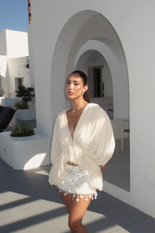 Draped Chiffon V-Neck Asymmetric Top with Batwing Sleeves