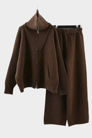 Cozy High-Neck Zip Knit Set – Soft Two-Piece Loungewear with Relaxed Wide-Leg Pants