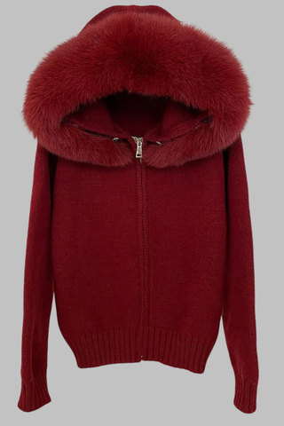 Faux Fur Trimmed Knitted Hooded Cardigan