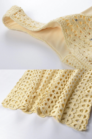 Crochet Knit Midi Dress with Crystal Embellishments & Sleeveless Square Neck Design