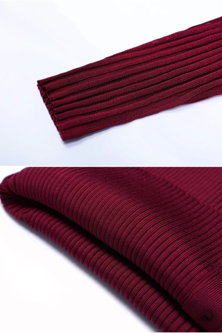 Long Sleeve Ribbed Knit Midi Dress with Asymmetrical Cutout and Button Slit