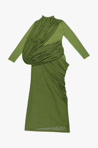 Elegant Long Mesh Dress with Long Sleeves & Sculpted Draped Design