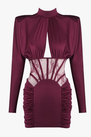 High-Neck Long Sleeve Corset Dress with Lace Panel & Ruched Skirt