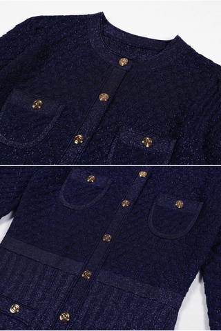 Shimmer Knit Mid-Long Dress with Three-Quarter Sleeves and Front Buttons