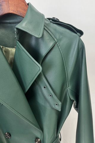 Long Sleeve Double-Breasted Faux Leather Trench Coat with Belt