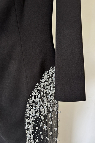 Off-Shoulder Long Sleeve Long Dress with Crystal-Embellished Sheer Panel