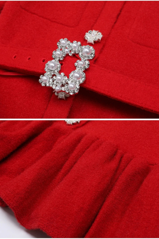 Round Neck Slim-Fit Wool-Blend Mini Dress with Crystal Embellished Buttons