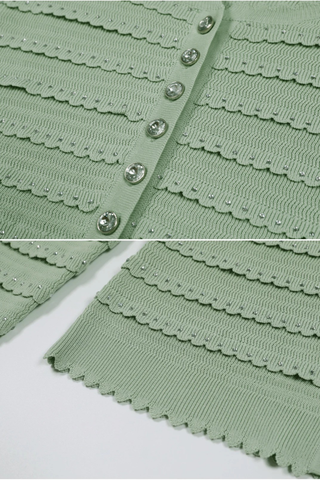 Three-Piece Knitted Set with Rhinestone Trim – Cardigan, Cami Top & Midi Long Skirt