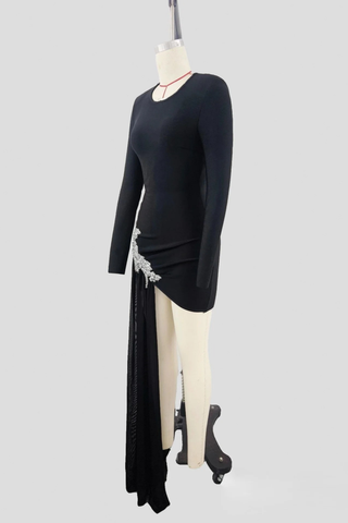 Embellished Long Sleeve Bandage Dress with Asymmetric Sheer Drape