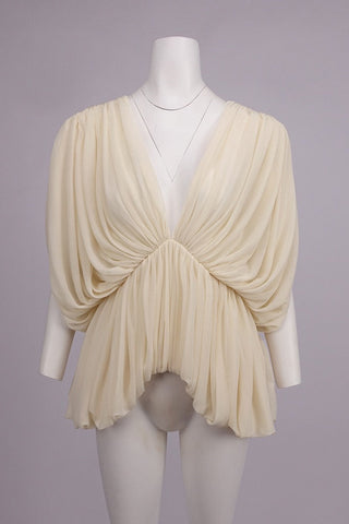 Draped Chiffon V-Neck Asymmetric Top with Batwing Sleeves