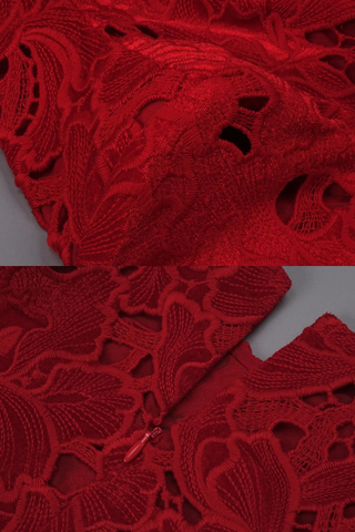 Red Lace Mini Dress – Long Sleeve Floral Embroidery, Scalloped Hem, Belted Waist