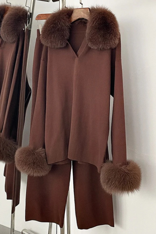 Faux Fur Trim Knit Two-Piece Set – Long Sleeve Top & Wide-Leg Pants