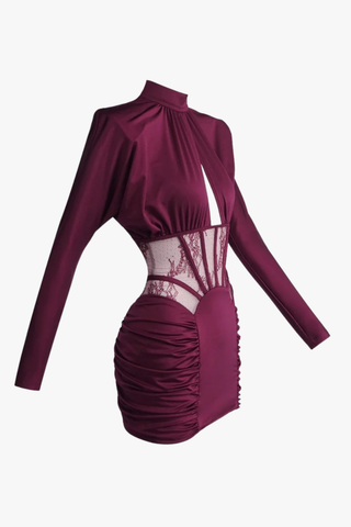 High-Neck Long Sleeve Corset Dress with Lace Panel & Ruched Skirt