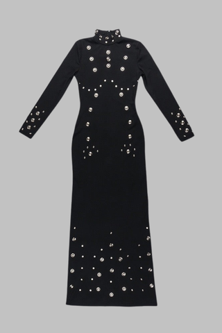 High Neck Long Sleeve Long Dress with Metal Stud Embellishments