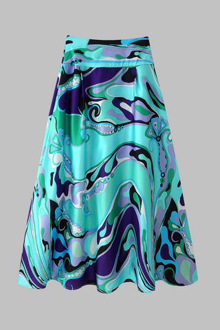 Retro Wave Satin Co-Ord Set – Abstract Scarf Top Long Skirt