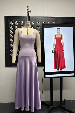 Square Neck Fitted Bodice Long Dress with Flared Satin Skirt