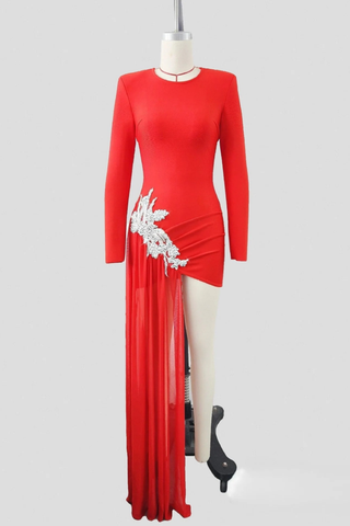 Embellished Long Sleeve Bandage Dress with Asymmetric Sheer Drape