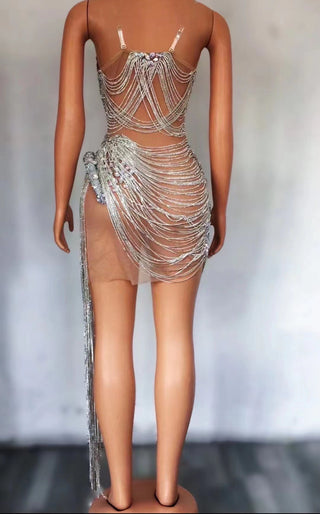 Crystal Chain Fringe Mini Dress with Spaghetti Straps
