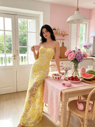 Elegant Strapless Floral Lace Embroidered Long Dress with Sequin Detail