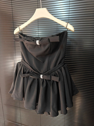 Bow-Detail Strapless Mini Romper with Flounce Skirt Overlay