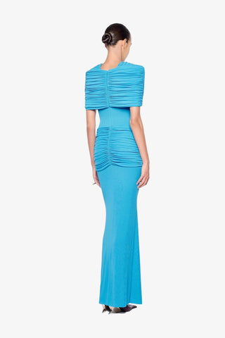 Ruched Cape Sleeve Metal Detail Fitted Long Dress