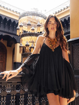Pleated Halter Mini Dress with Sheer Draped Sleeves