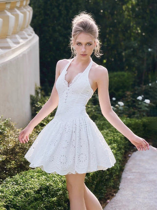 Eyelet Embroidered Halter Mini Dress