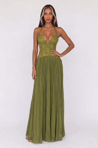 Lace Corset Halter Neck Pleated Long Dress with Lace-Up Back