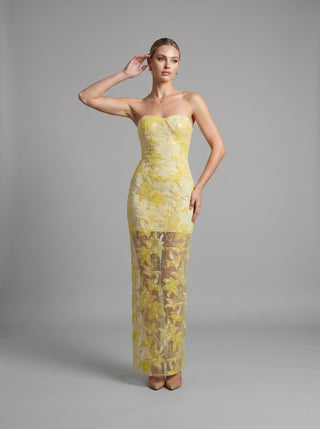 Elegant Strapless Floral Lace Embroidered Long Dress with Sequin Detail