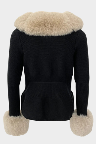 Long Sleeve Knitted Jacket with Faux Fur Trim – Tie-Front Design