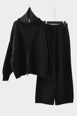 Cozy High-Neck Zip Knit Set – Soft Two-Piece Loungewear with Relaxed Wide-Leg Pants