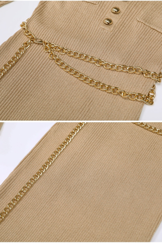 Metallic Ribbed Knit Long Sleeve Midi Dress with Gold Chain Belt