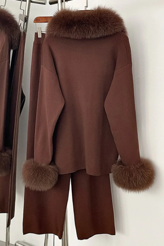Faux Fur Trim Knit Two-Piece Set – Long Sleeve Top & Wide-Leg Pants