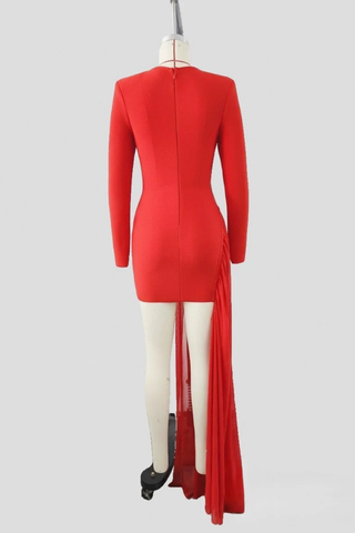 Embellished Long Sleeve Bandage Dress with Asymmetric Sheer Drape