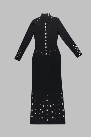 High Neck Long Sleeve Long Dress with Metal Stud Embellishments