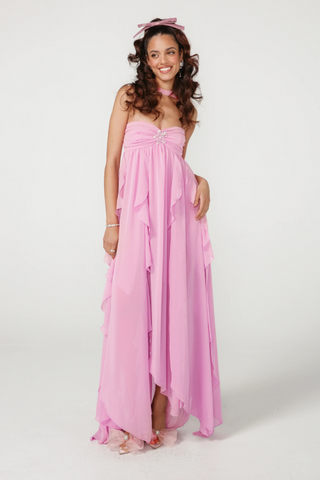 Strapless Ruffle Chiffon Long Dress with Rhinestone Starfish Brooch Backless, Layered Flowing Skirt