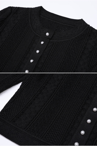 Two-Piece Textured Knit Set – Pearl-Button Cardigan & Flared Maxi Skirt