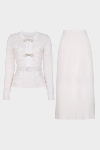 Tweed Embellished Long-Sleeve Top & Wool Long Skirt Two-Piece Set