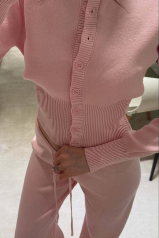 Ribbed Knit Two-Piece Lounge Set – Button Cardigan & Wide-Leg Pants