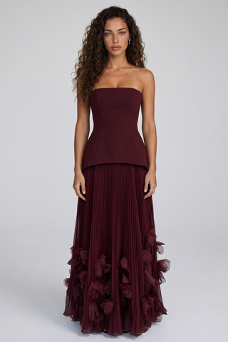 Strapless Lace-Up Corset Long Dress with Pleated Skirt and 3D Floral Trim